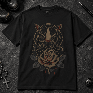 Rhino Smoked Flower T-shirt - Black - S - Inked 13 - Unisex alternative tattoo apparel.