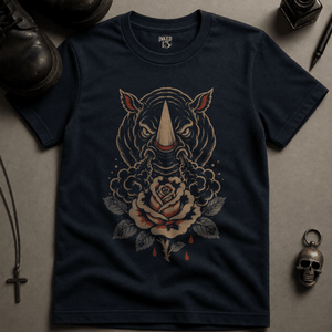 Rhino Smoked Flower T-shirt - True Navy - S - Inked 13 Ltd Unisex alternative tattoo apparel