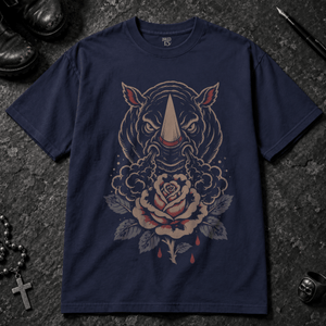 Rhino Smoked Flower T-shirt - True Navy - S - Inked 13 - Unisex alternative tattoo apparel.