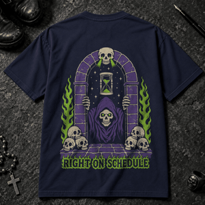 Right On Schedule Reaper T-shirt - True Navy - S - Inked 13 - Unisex alternative tattoo apparel.