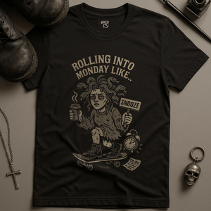 Rolling Into Monday Medusa T-Shirt - Black - S - Inked 13 Ltd