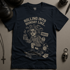 Rolling Into Monday Medusa T-Shirt - Navy - S - Inked 13 Ltd
