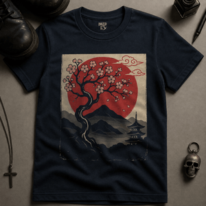 Serene Japanese Scene T-shirt (New Style) - True Navy - S - Inked 13 Ltd Unisex alternative tattoo apparel