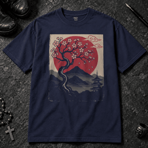 Serene Japanese Scene T-shirt - True Navy - S - Inked 13 - Unisex alternative tattoo apparel.