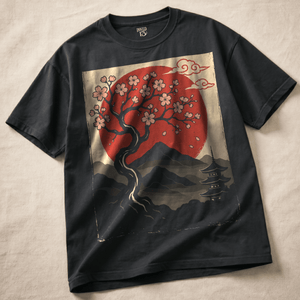 Serene Japanese Sunset Heavyweight T-shirt - Black - S - Inked 13 Ltd Unisex alternative tattoo apparel