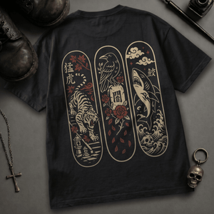 Skateboard Japanese Animals Heavyweight T-shirt - Black - S - Inked 13 Ltd Unisex alternative tattoo apparel