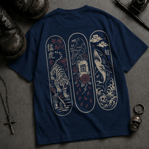 Skateboard Japanese Animals Heavyweight T-shirt - True Navy - S - Inked 13 Ltd Unisex alternative tattoo apparel