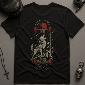 Skateboard Wolf Design T-Shirt - Black - S - Inked 13 Ltd