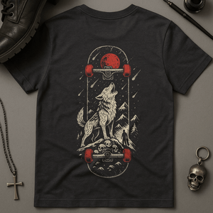 Skateboard Wolf Design T-Shirt - Dark Grey - S - Inked 13 Ltd