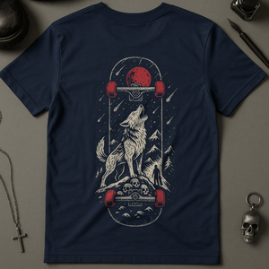 Skateboard Wolf Design T-Shirt - Navy - S - Inked 13 Ltd