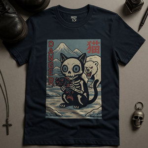 Skeletal Cat Danger T-Shirt - Navy - S - Inked 13 Ltd