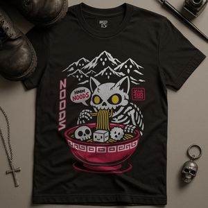 Skeletal Cat Noods T-Shirt - Black - S - Inked 13 Ltd