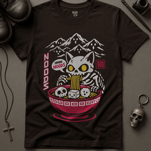 Skeletal Cat Noods T-Shirt - Brown - S - Inked 13 Ltd