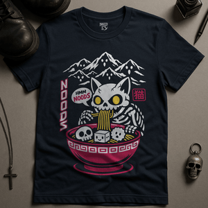 Skeletal Cat Noods T-Shirt - Navy - S - Inked 13 Ltd