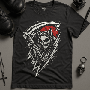 Skeletal Cat Reaper T-Shirt - Dark Grey - S - Inked 13 Ltd Unisex alternative tattoo apparel