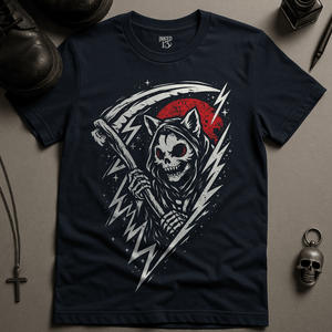 Skeletal Cat Reaper T-Shirt - Navy - S - Inked 13 Ltd Unisex alternative tattoo apparel
