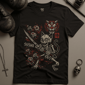 Skeletal Cat Sushi T-Shirt - Black - S - Inked 13 Ltd Unisex alternative tattoo apparel