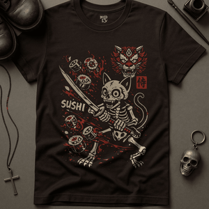Skeletal Cat Sushi T-Shirt - Brown - S - Inked 13 Ltd Unisex alternative tattoo apparel