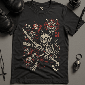 Skeletal Cat Sushi T-Shirt - Dark Grey - S - Inked 13 Ltd Unisex alternative tattoo apparel