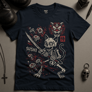 Skeletal Cat Sushi T-Shirt - Navy - S - Inked 13 Ltd Unisex alternative tattoo apparel