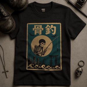 Skeletal Fisher Japanese T-shirt - Black - S - Inked 13 Ltd Unisex alternative tattoo apparel
