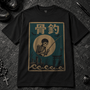 Skeletal Fisher Japanese T-shirt - Black - S - Inked 13 - Unisex alternative tattoo apparel.