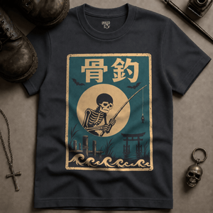 Skeletal Fisher Japanese T-shirt - Graphite - S - Inked 13 Ltd Unisex alternative tattoo apparel