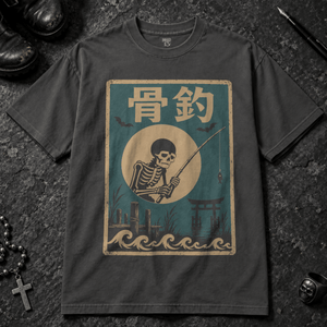 Skeletal Fisher Japanese T-shirt - Graphite - S - Inked 13 - Unisex alternative tattoo apparel.