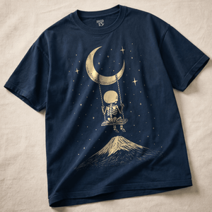 Skeleton Moon Swing Heavyweight T-shirt - True Navy - S - Inked 13 Ltd Unisex alternative tattoo apparel