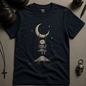 Skeleton Moon Swing T-shirt (New Style) - True Navy - S - Inked 13 Ltd Unisex alternative tattoo apparel