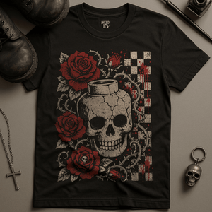 Skull Chequered Board T-Shirt - Black - S - Inked 13 Ltd Unisex alternative tattoo apparel