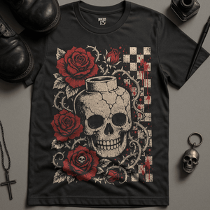 Skull Chequered Board T-Shirt - Dark Grey - S - Inked 13 Ltd Unisex alternative tattoo apparel