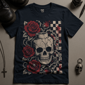Skull Chequered Board T-Shirt - Navy - S - Inked 13 Ltd Unisex alternative tattoo apparel