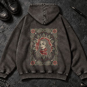 Spider Woman Washed Hoodie - Dark Gray - S - Inked 13 - Unisex alternative tattoo apparel.