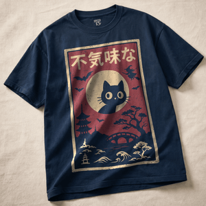 Spooky Cat Heavyweight T-shirt - True Navy - S - Inked 13 Ltd Unisex alternative tattoo apparel