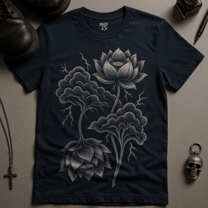 Stormy Lotus Flower T-Shirt - Navy - S - Inked 13 Ltd Unisex alternative tattoo apparel