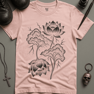 Stormy Lotus Flower T-Shirt - Soft Pink - S - Inked 13 Ltd Unisex alternative tattoo apparel