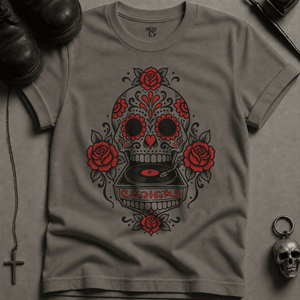 Sugar Skull Record T-shirt - Grey - S - Inked 13 Ltd Unisex alternative tattoo apparel