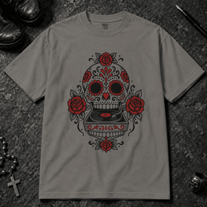 Sugar Skull Record T-shirt - Grey - S - Inked 13 - Unisex alternative tattoo apparel.