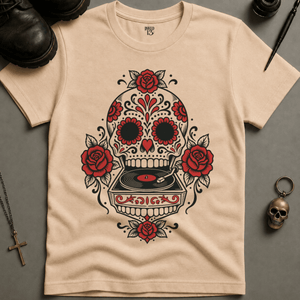 Sugar Skull Record T-shirt - Ivory - S - Inked 13 Ltd Unisex alternative tattoo apparel