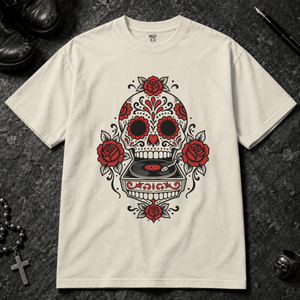 Sugar Skull Record T-shirt - Ivory - S - Inked 13 - Unisex alternative tattoo apparel.