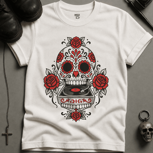 Sugar Skull Record T-shirt - White - S - Inked 13 Ltd Unisex alternative tattoo apparel