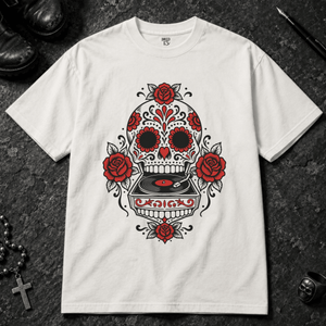 Sugar Skull Record T-shirt - White - S - Inked 13 - Unisex alternative tattoo apparel.