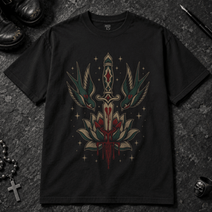 Swallow Bird Lotus Flower T-Shirt - Black - S - Inked 13 - Unisex alternative tattoo apparel.