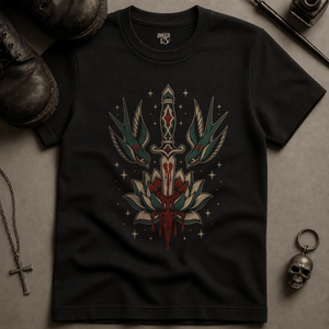 Swallow Bird Lotus Flower T-Shirt (New Style) - Black - S - Inked 13 Ltd Unisex alternative tattoo apparel