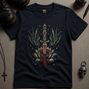 Swallow Bird Lotus Flower T-Shirt (New Style) - True Navy - S - Inked 13 Ltd Unisex alternative tattoo apparel
