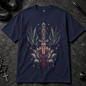 Swallow Bird Lotus Flower T-Shirt - True Navy - S - Inked 13 - Unisex alternative tattoo apparel.