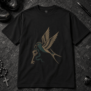 Swallow Key Tattoo T-shirt - Black - S - Inked 13 - Unisex alternative tattoo apparel.