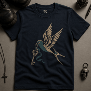 Swallow Key Tattoo T-shirt - True Navy - S - Inked 13 Ltd Unisex alternative tattoo apparel