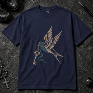 Swallow Key Tattoo T-shirt - True Navy - S - Inked 13 - Unisex alternative tattoo apparel.